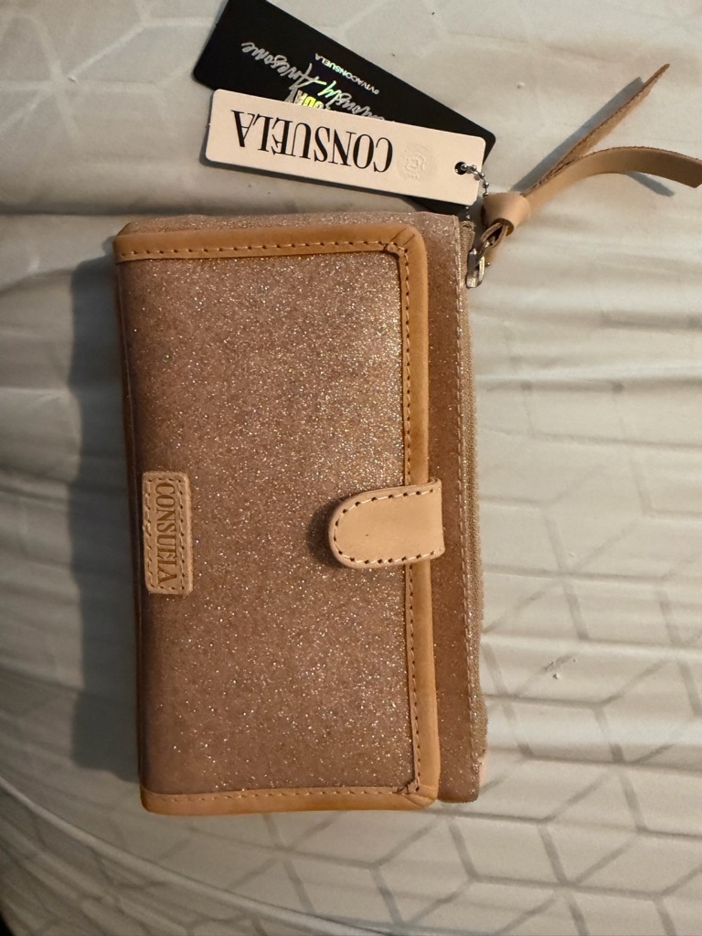 Consuela Pink Glitter Card Holder with Tan Trim